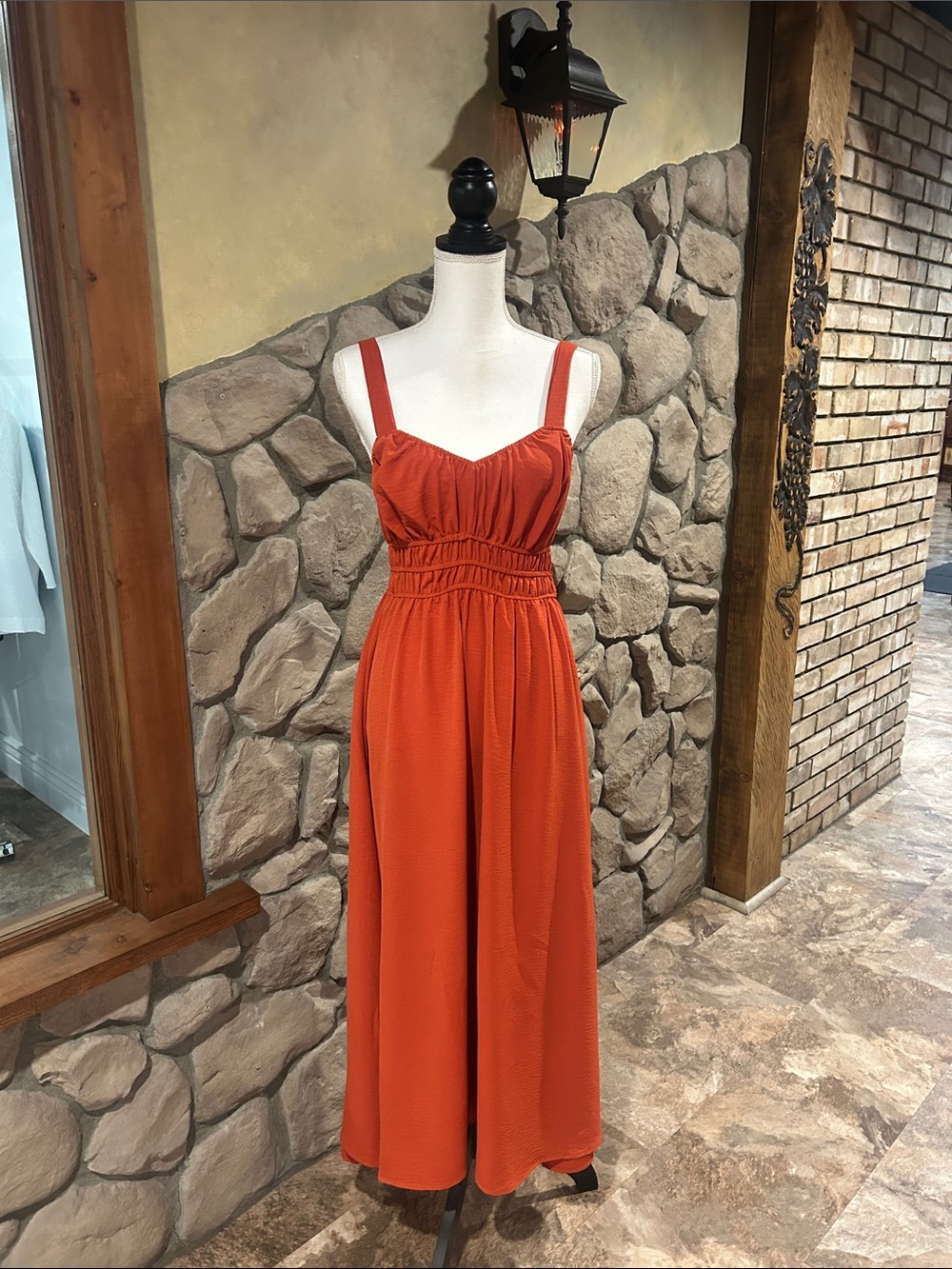 NWT Women's Rust Orange Smocked Waist Midi Dress